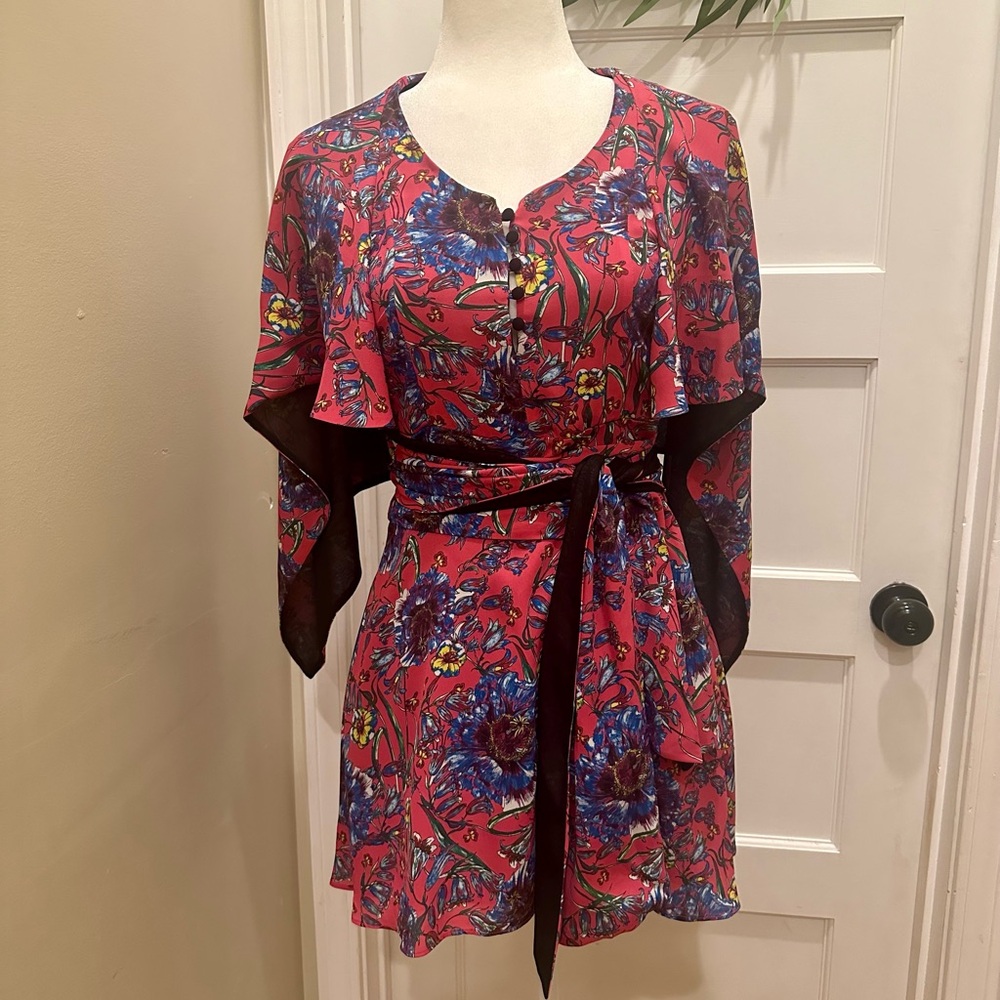 Prabal Gurung Collective Tie Waist Cape Mini Dress Floral Size 4 RTR